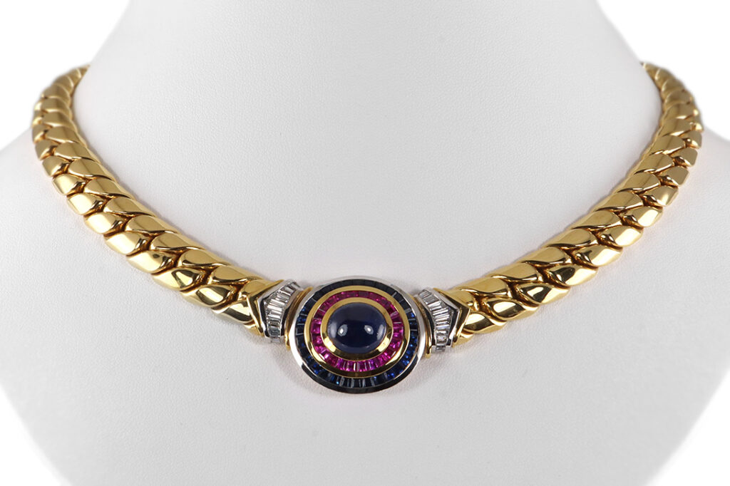 Schöffel Collier Saphire blau pink 15,4 ct Diamanten 750 Gold IGI [BRORS 20104]