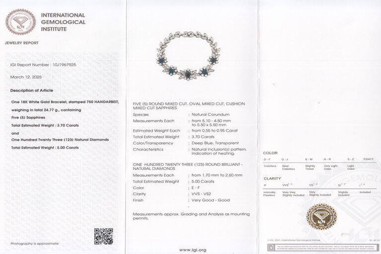Armband 123 Brillanten 5,0 ct River-TW + 5 Saphire 750 Gold IGI [BRORS 10444]