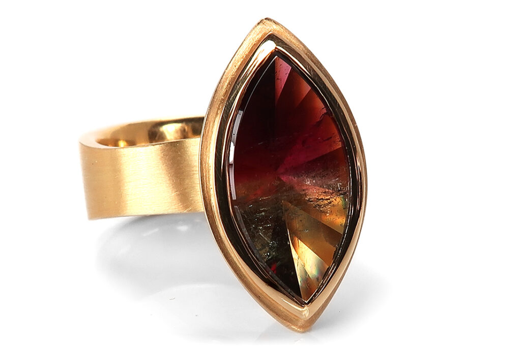 Flogaus Ring Turmalin Wassermelone 750 Gelbgold Handarbeit Gr 57 [BRORS 16970]