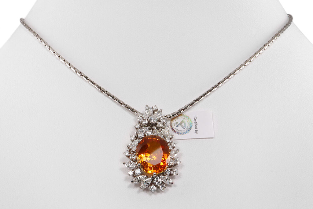 Anhänger orangener Saphir 11,6 Karat 37 Diamanten 2,5 ct IGI [BRORS 19950]