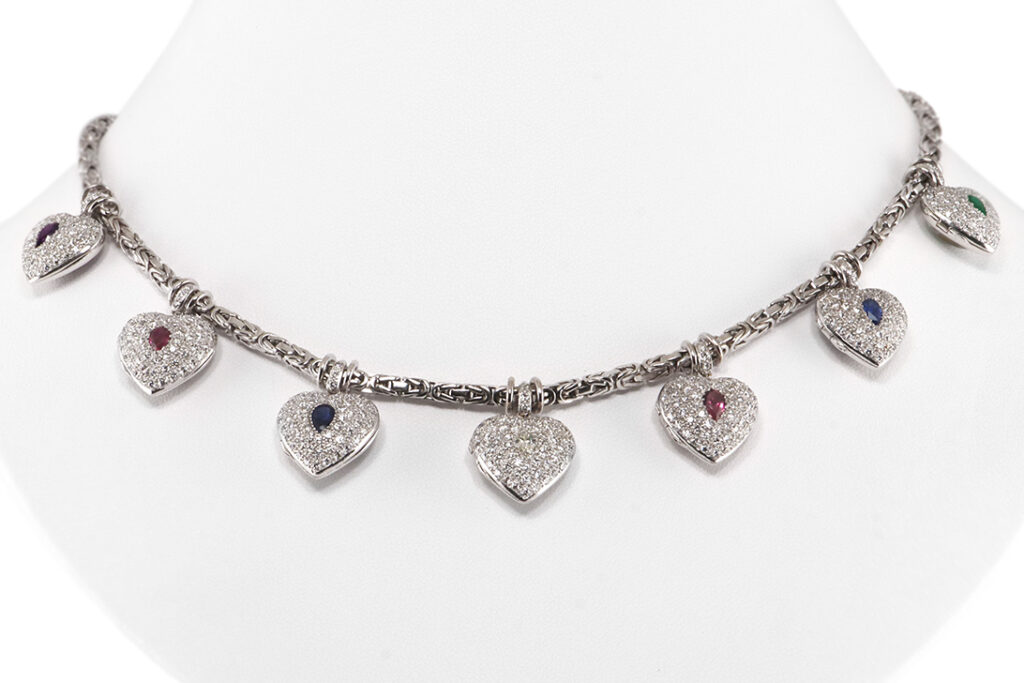 Collier Herz 424 Brillanten 4,55 ct Rubin Saphir Smaragd 585 IGI [BRORS 20010]