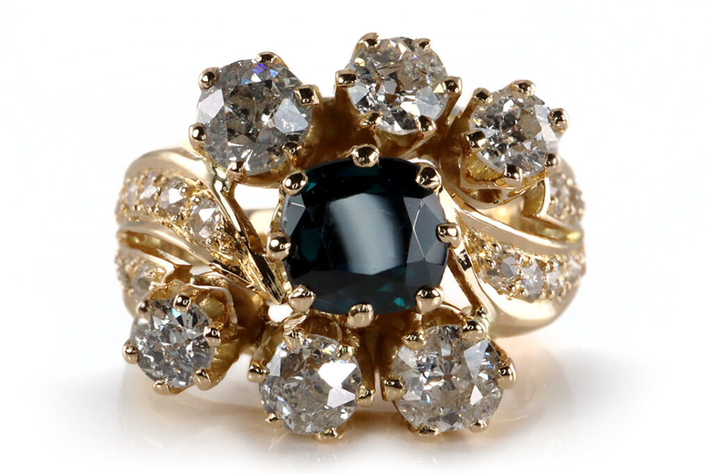 Ring Saphir 1,1 ct + 30 Diamanten 2,25 ct 750 Gelbgold IGI Gr 54 [BRORS 20069]