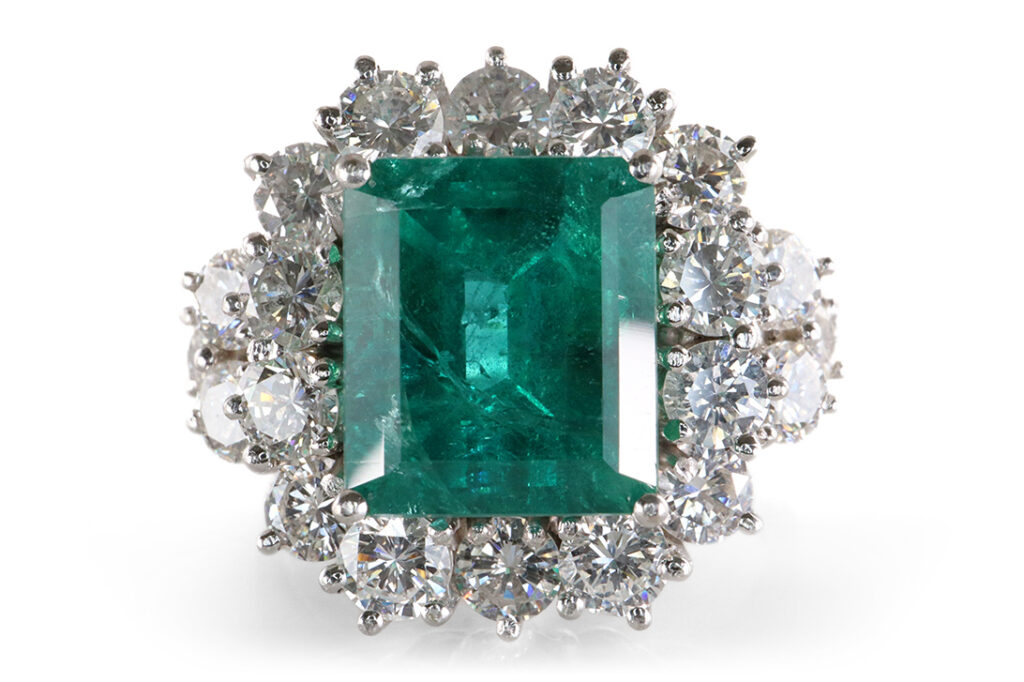 Ring großer Smaragd 5,0 ct + 20 Brillanten 2,4 ct Gold IGI Gr.53 [BRORS 20096]