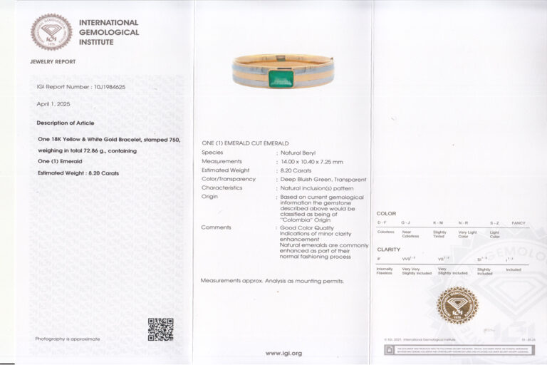 Armreif Smaragd Kolumbien ca 8,2 ct DEEP BLUISH GREEN 750 Gold IGI [BRORS 14624]