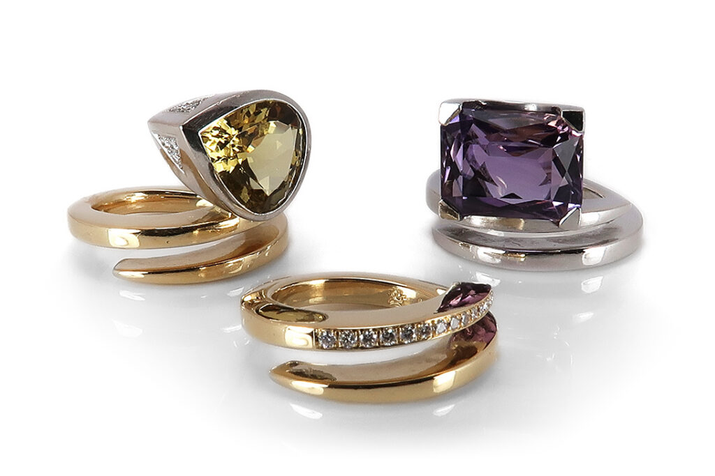 3 Designer Ringe Amethyst Heliodor Brillanten Gold Handarbeit IGI [BRORS 17615]