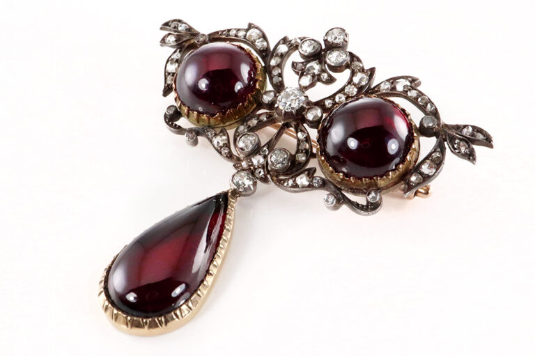 Original viktorianische Brosche ca1850 Pyrop Diamanten Gold IGI [BRORS 20132]