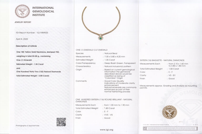 Collier Smaragd Kolumbien ca 1,35 ct 132 Diamanten 2,8 ct Gold IGI [BRORS 20230]