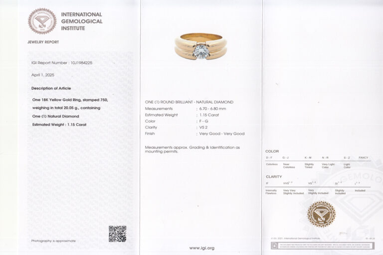 Ring Solitär 1 Brillant 1,15 ct F-G/VS2 750 Gold IGI Gr.60 [BRORS 20232]