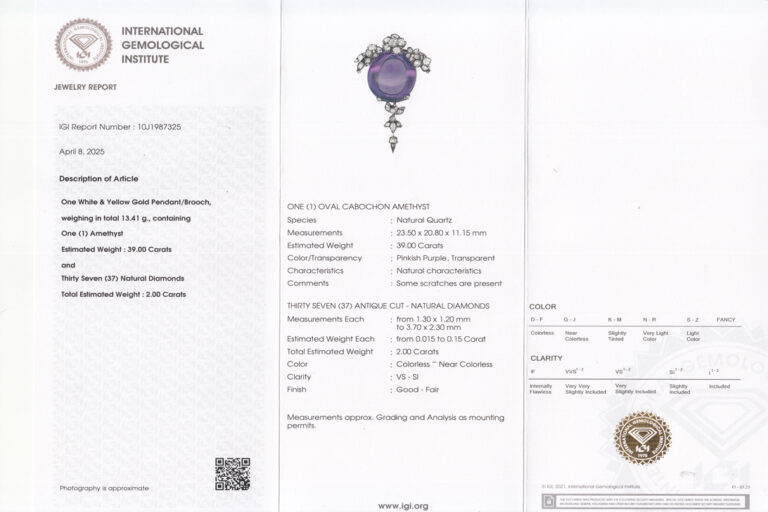 Brosche Antik 1 Amethyst ca 39,0 ct + 37 Diamanten Gold IGI [BRORS 20238]