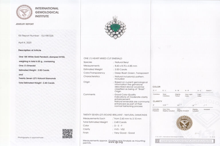 Anhänger Herz 1 Smaragd ca. 2,0 ct + 27 Brillanten ca 2,4 ct IGI [BRORS 20239]