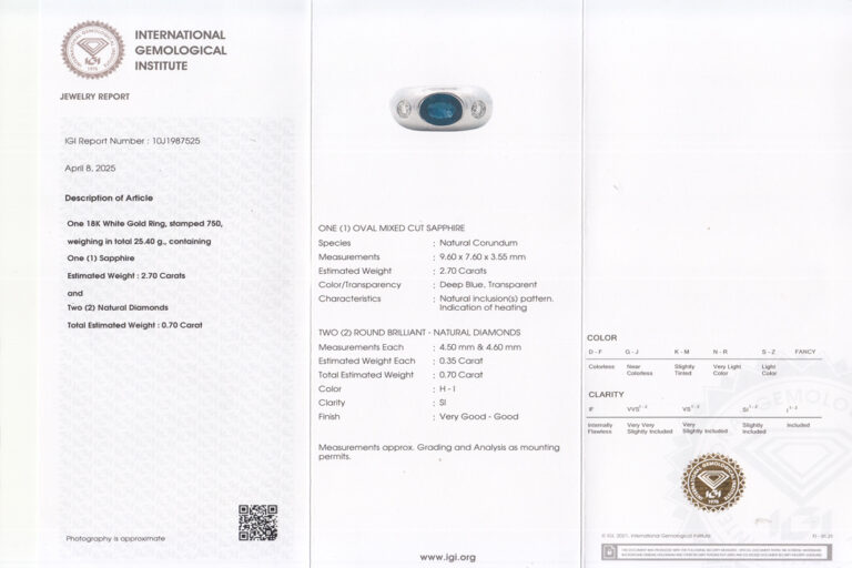 Ring Saphir 2,7 ct + 2 Brillanten 0,7 ct 750 Gold IGI Gr 59 [BRORS 20251]
