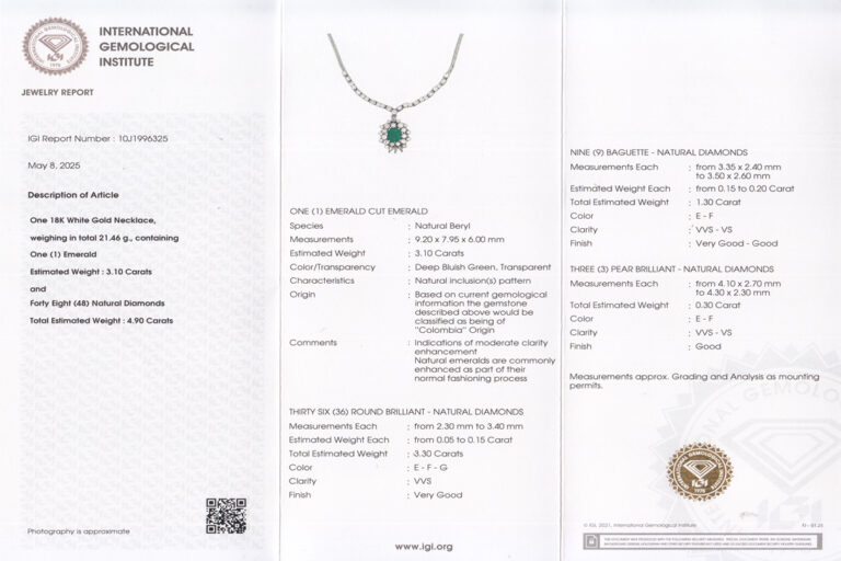 Collier Smaragd Kolumbien 3,1 ct 48 Diamanten 4,9 ct Weißgold IGI [BRORS 10831]