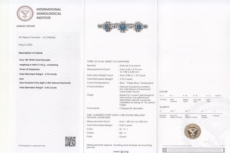 Armband 148 Brillanten 5,0 ct 3 Saphire unbehandelt 3,7ct 750 IGI [BRORS 12820]