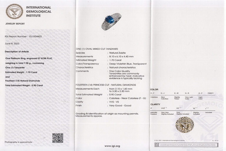 Designer Kobi Ring Tansanit 1,70ct + Diamanten G/vvs Platin [BRORS 18898]
