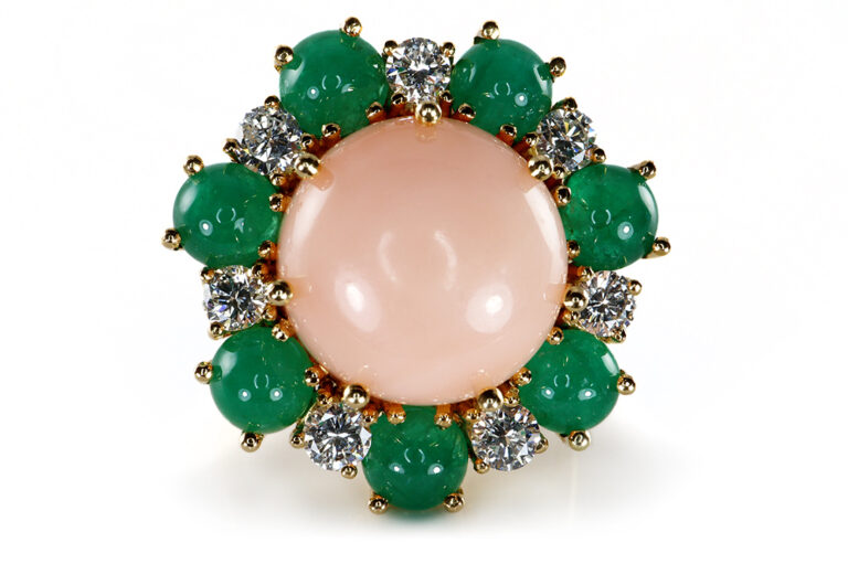 Ring Koralle Smaragd Brillanten 750 Gelbgold Juweliersarbeit [BRORS 19149]