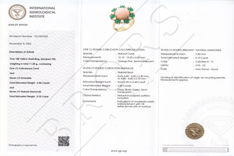 Ring Koralle Smaragd Brillanten 750 Gelbgold Juweliersarbeit [BRORS 19149]