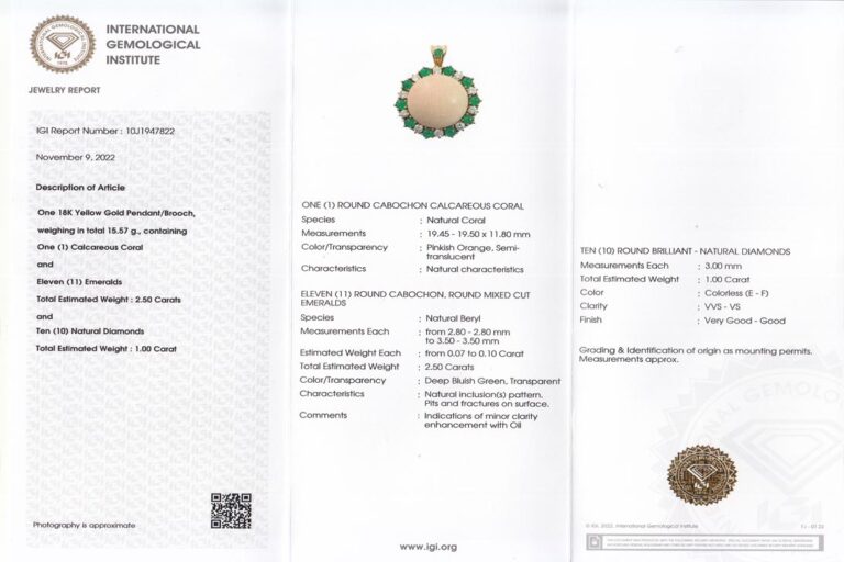 Brosche Anhänger Koralle Smaragd Brillanten Gold Juweliersarbeit [BRORS 19150]