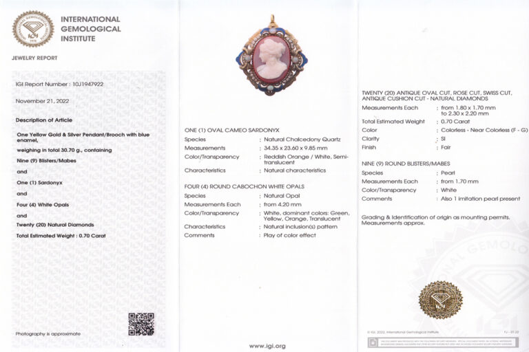 Antike Kamee Brosche ca. 1840 Chalzedon Opal Diamanten Perle DIANA [BRORS 19154]