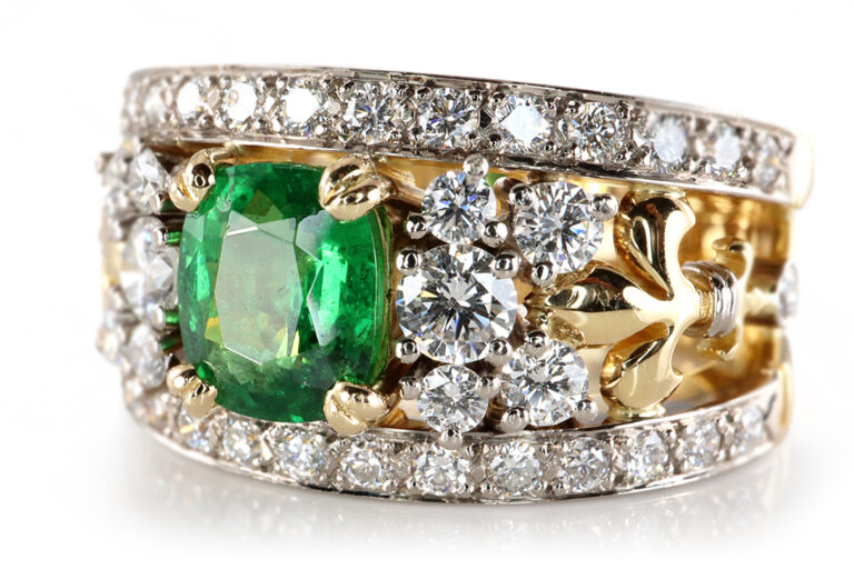 Ring Tsavorit 1,3 ct 42 Brillanten 0,9 ct 750 Gelbgold IGI Gr 55 [BRORS 20017]