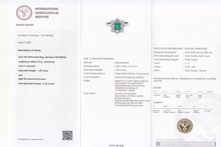 Ring Smaragd *Binder* 1,05 ct. 8 Brillanten 2,35 ct IGI Gutachten [BRORS 20280]