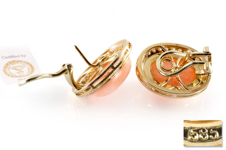 Ohrstecker Engelshaut Koralle 56 Diamanten ca 0,75 ct 585 Gelbgold [BRORS 19854]