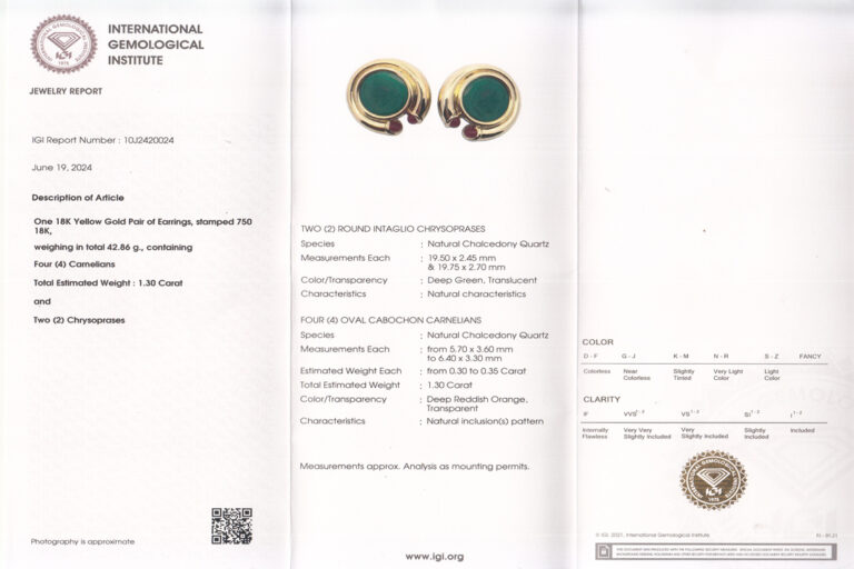 Große Ohrstecker / Clips *MARS* Chrysopras Karneol 750 Gelbgold [BRORS 19855]