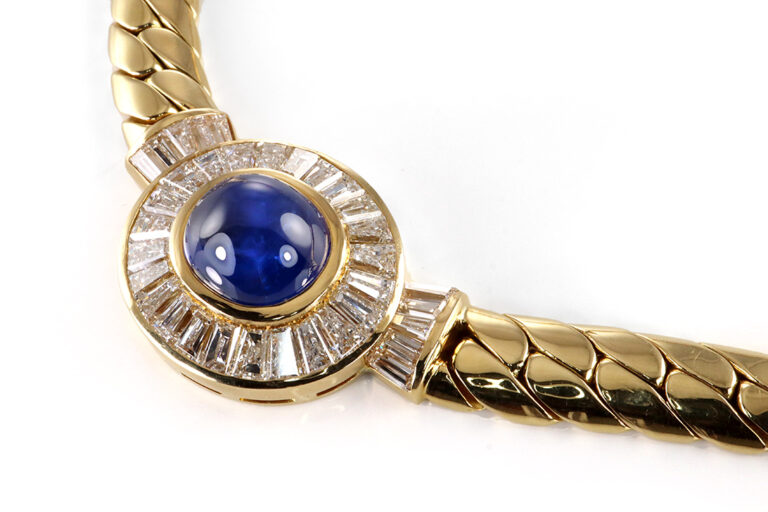 Collier Sri Lanka Saphir 17 ct + 34 Diamanten 5,6 ct 750 Gelbgold [BRORS 19874]