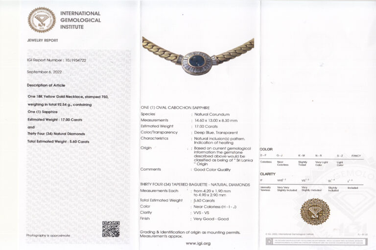 Collier Sri Lanka Saphir 17 ct + 34 Diamanten 5,6 ct 750 Gelbgold [BRORS 19874]