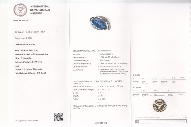 Ring Tansanit 5,3 ct +12 Brillanten 0,1 ct 585 Gold IGI Gr 54 [BRORS 20078]