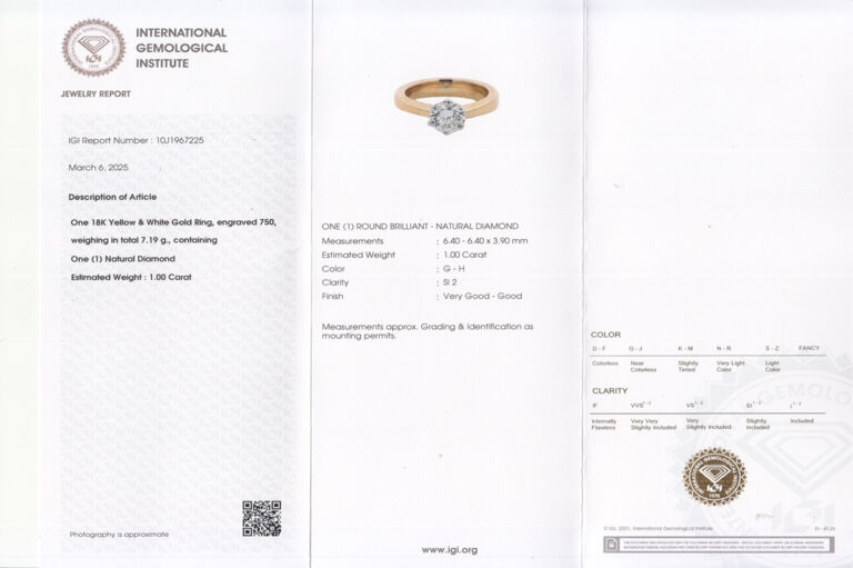 Ring Brillant Einkaräter 1,0 ct G-H/Si2 750 Gold IGI Gr.53 [BRORS 20216]