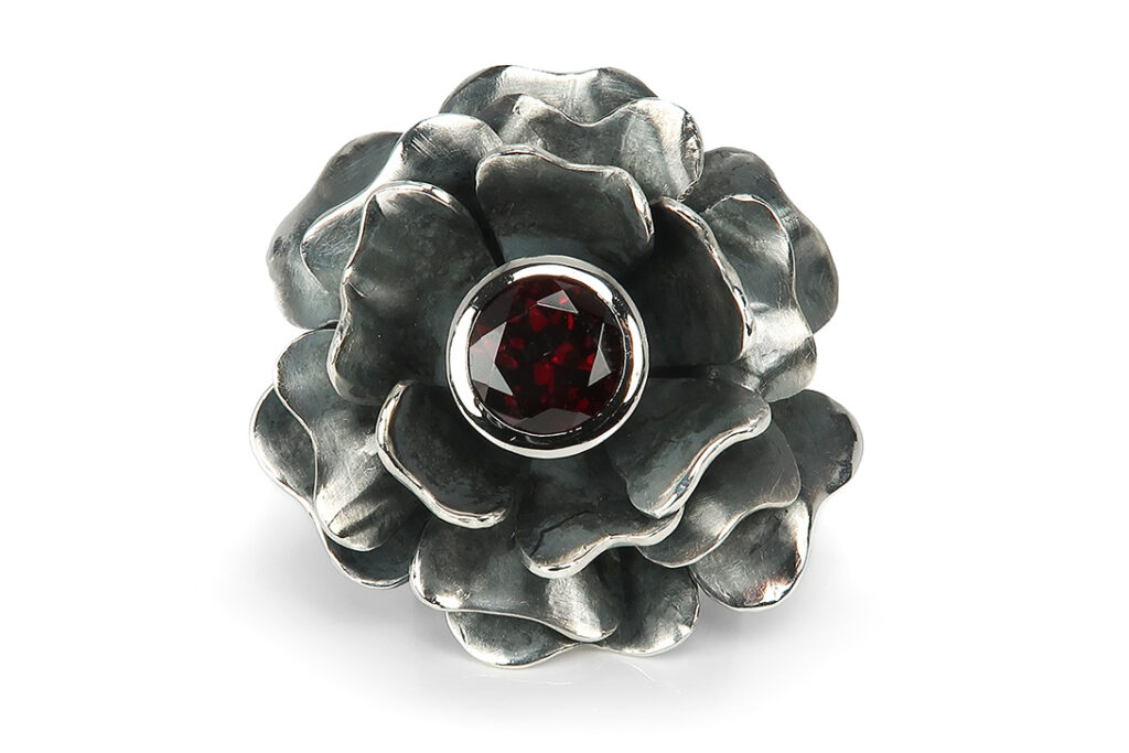 Gabriele Uphaus Blume Ring Granat 950 Palladium 999 Feinsilber [BRORS 17009]