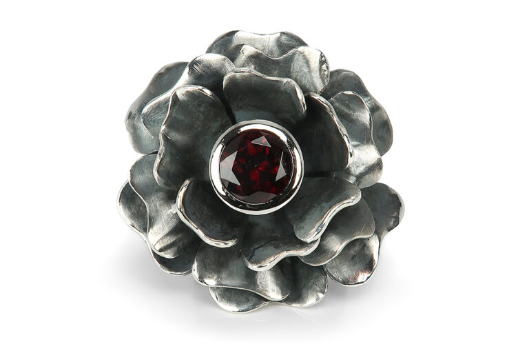 Gabriele Uphaus Blume Ring Granat 950 Palladium 999 Feinsilber [BRORS 17009]