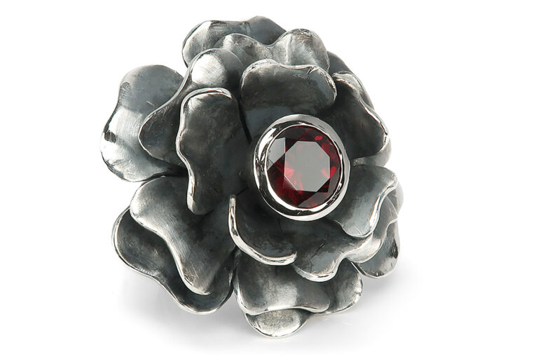 Gabriele Uphaus Blume Ring Granat 950 Palladium 999 Feinsilber [BRORS 17009]
