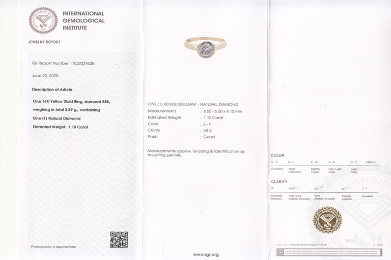 Ring 1 Brillant 1,10 ct E-F/VS2 585 Gelbgold IGI Gutachten Gr. 57 [BRORS 20319]