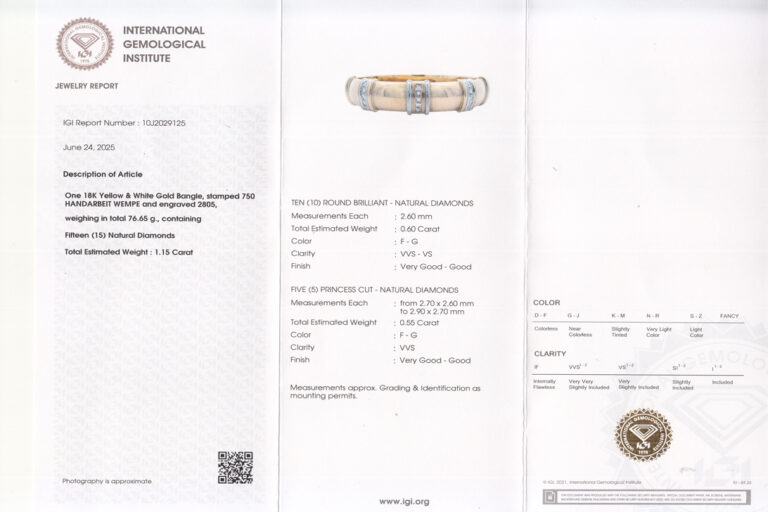 Armreif WEMPE 15 Brillanten ca 1,15 ct TW/VS-VVS 750 Gelbgold IGI [BRORS 20330]