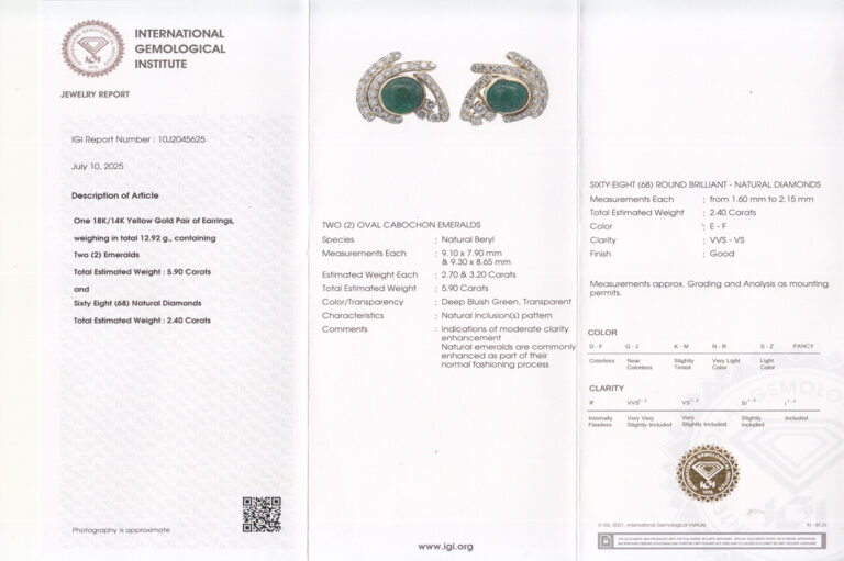 Ohrstecker 2 Smaragde 5,9 ct + 68 Brillanten 2,4 ct 750 Gold IGI [BRORS 20351]