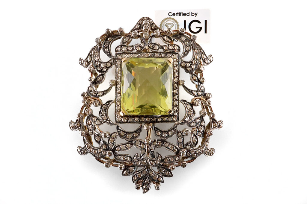 Brosche Antik 1 Citrin 30,0 ct + 223 Diamanten Gold / Silber IGI [BRORS 20352]
