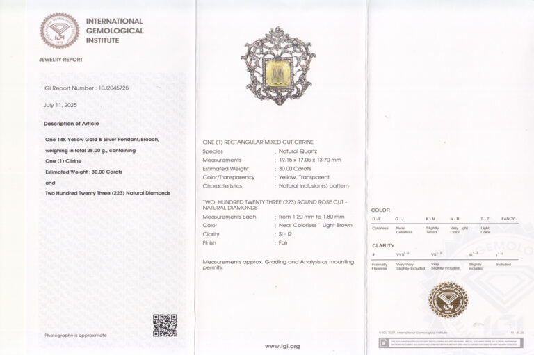 Brosche Antik 1 Citrin 30,0 ct + 223 Diamanten Gold / Silber IGI [BRORS 20352]