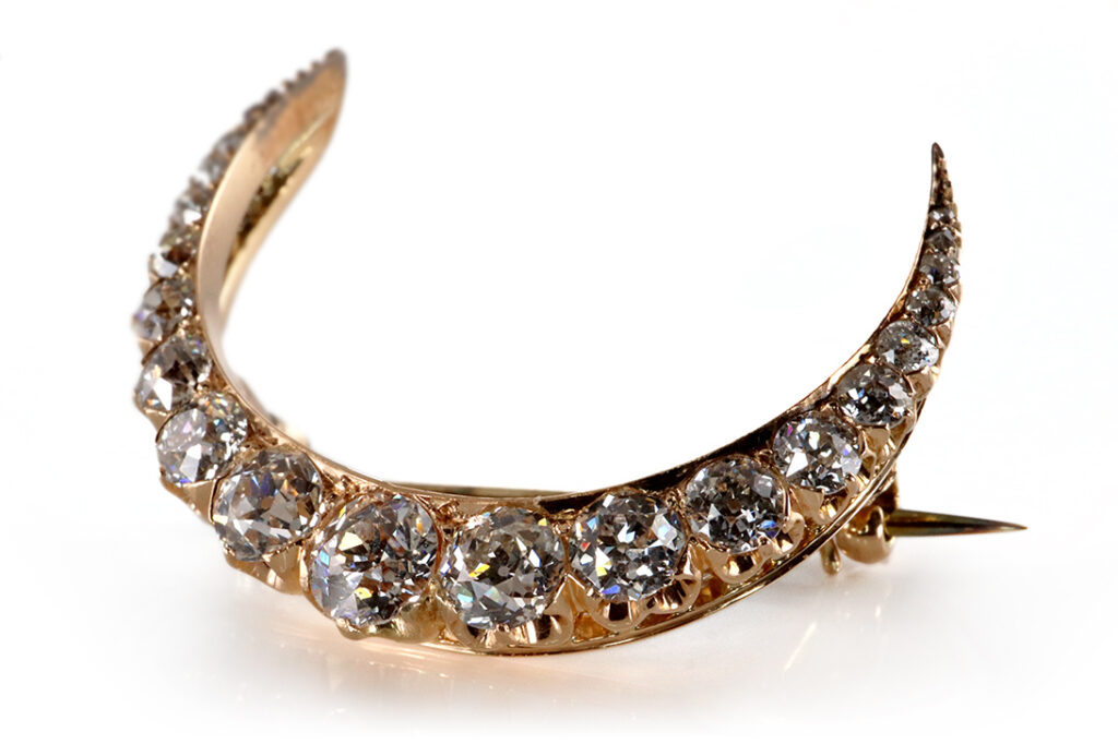 Viktorianische Brosche ca 1880 *Halbmond* 21 Diamanten Gold IGI [BRORS 20353]