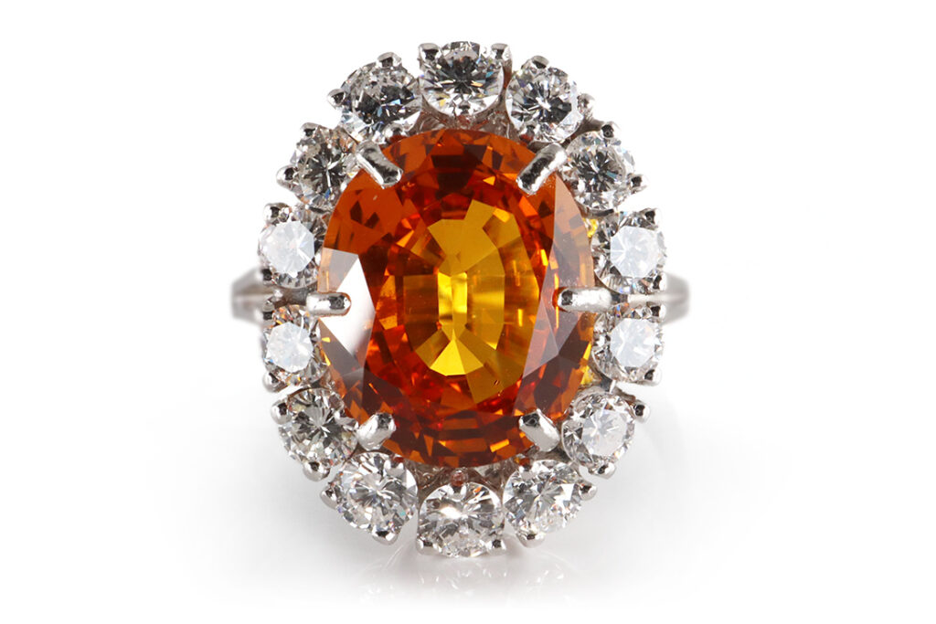 Ring orangener Saphir 4,53 Karat 14 Diamanten 1 ct DSEF Gutachten [BRORS 20384]