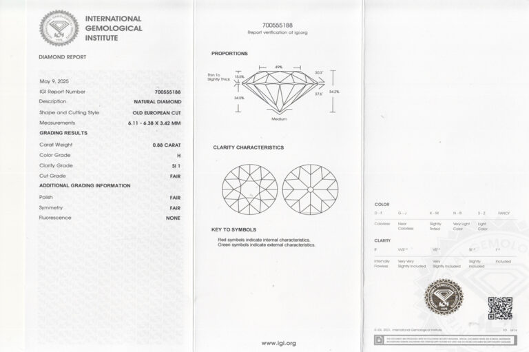 Ring 1 Diamant Altschliff 0,88 ct H/SI1 750 Weißgold IGI Gr 54 [BRORS 20391]