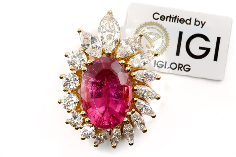 Anhänger Rubellith ca 4,8 ct + 16 Diamanten ca 2 ct 750 Gold IGI [BRORS 20393]