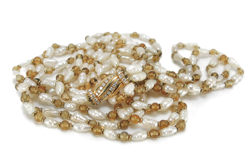 Collier Biwa Perlen Citrin Brillanten G-H/VSI-SI DeGEB Gutachten [BRORS 14701]