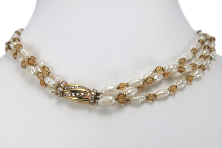 Collier Biwa Perlen Citrin Brillanten G-H/VSI-SI DeGEB Gutachten [BRORS 14701]