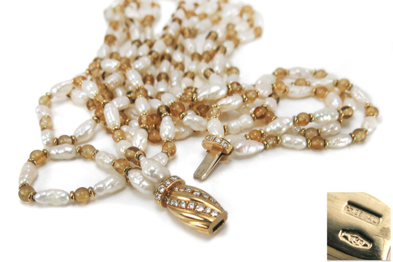 Collier Biwa Perlen Citrin Brillanten G-H/VSI-SI DeGEB Gutachten [BRORS 14701]