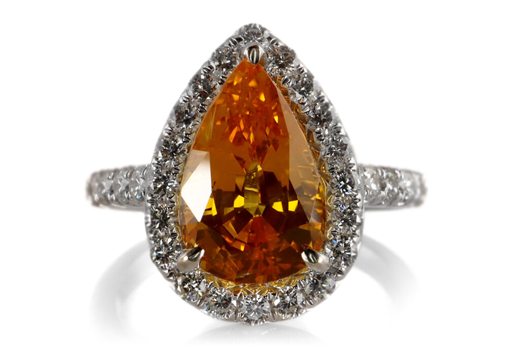 Ring Saphir orange Tropfen 3,28 ct 32 Brillanten 750 Gold DSEF [BRORS 20407]