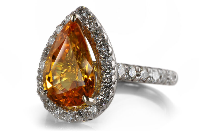 Ring Saphir orange Tropfen 3,28 ct 32 Brillanten 750 Gold DSEF [BRORS 20407]