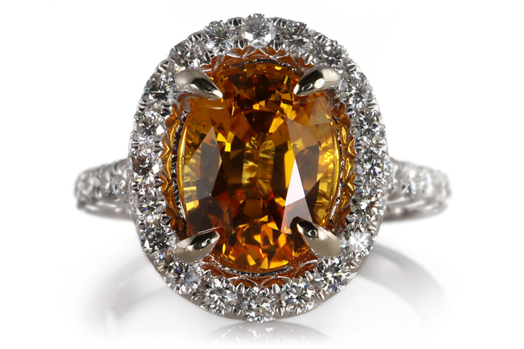 Ring orange gelber Saphir 3,59 Karat 32 Brillanten 750 Gold DSEF [BRORS 20408]