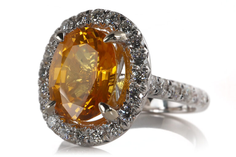 Ring orange gelber Saphir 4,88 Karat 32 Brillanten 750 Gold DSEF [BRORS 20409]