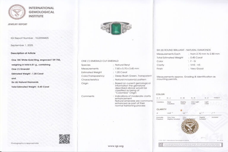 Ring Colombia Smaragd 1,2 ct + Brillanten ca 0,45 ct IGI Gutachten [BRORS 20421]